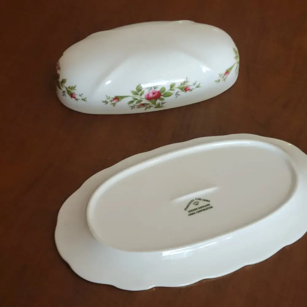 Vintage Johann Haviland Traditions Moss Rose Covered Butter Dish with Gold Trim